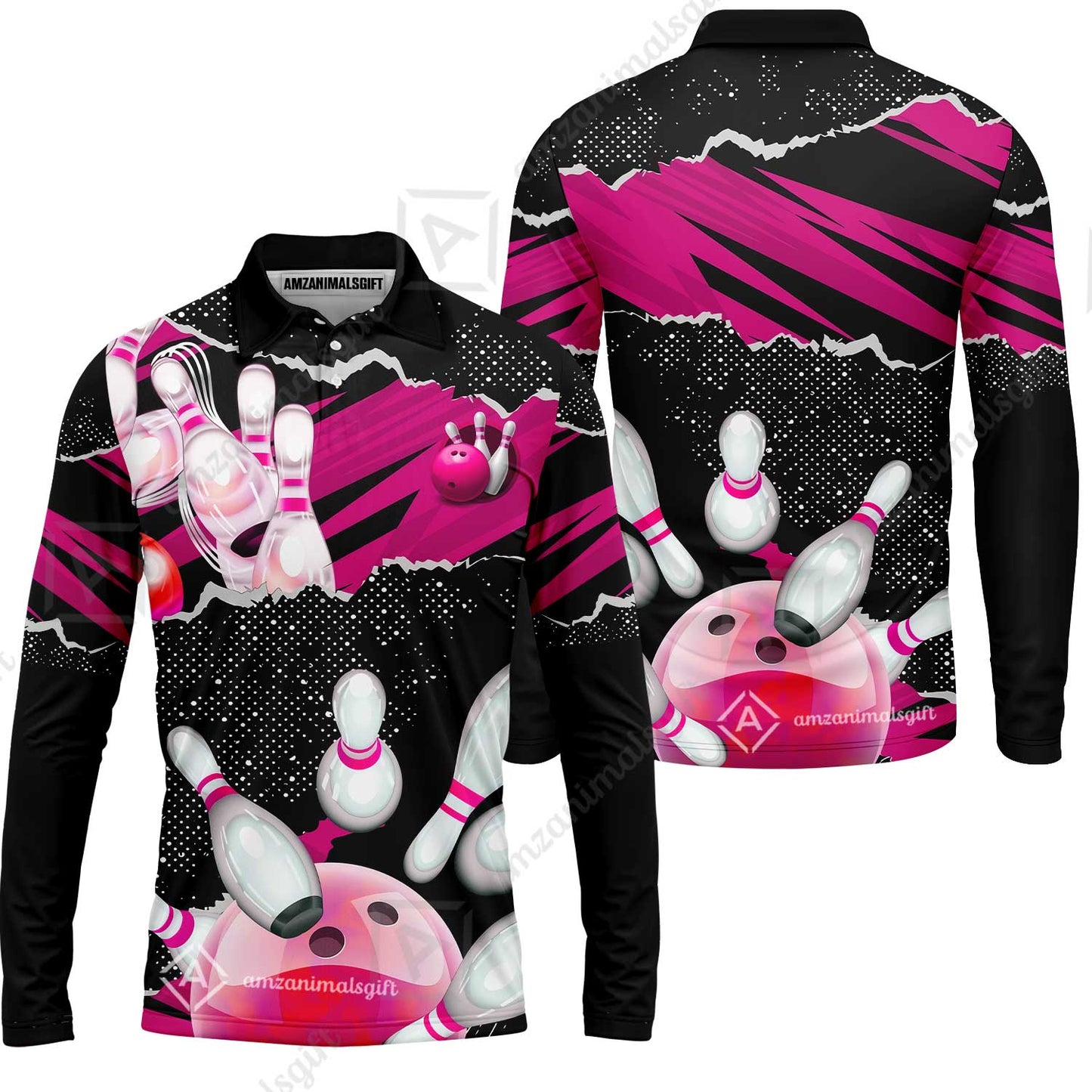 Personalized Bowling Team Long Sleeve Polo Shirt, Bowling Uniforms Ball & Pins Sport Pattern Custom Name And Team Name