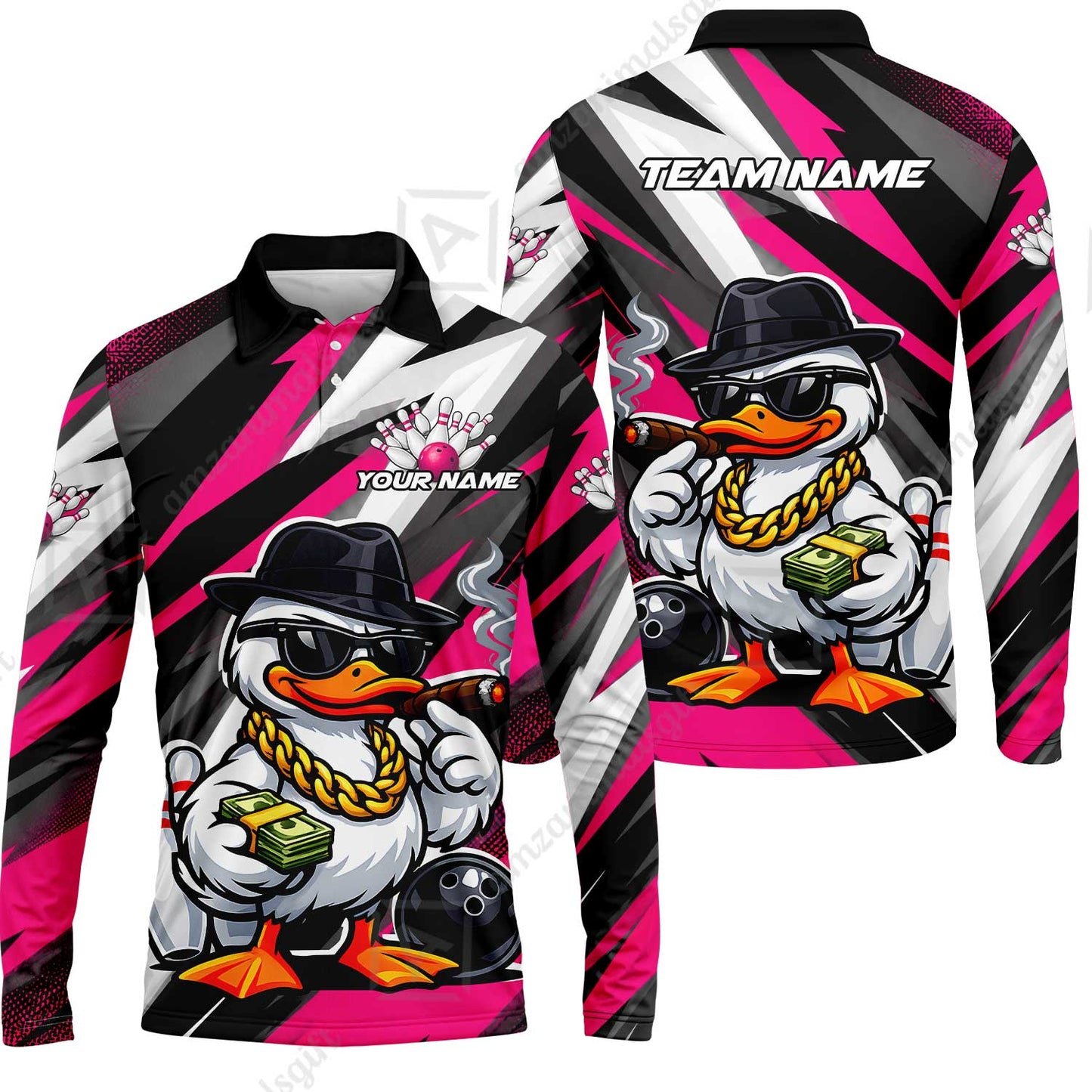 Custom Bowling Jersey Polo Shirt, Boss Hustle Duck Gangster Style, Custom Bowling Jersey Team Shirt For Players With Name and Team Name