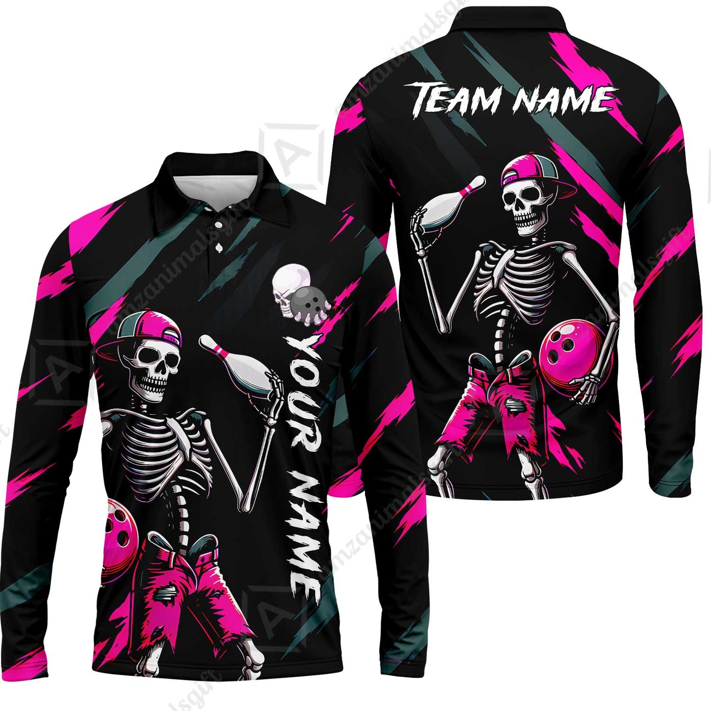 Customized Bowling Shirt, Bad Boy Skeleton Bowler, Personalized Polo Shirt For Players With Name & Team Name