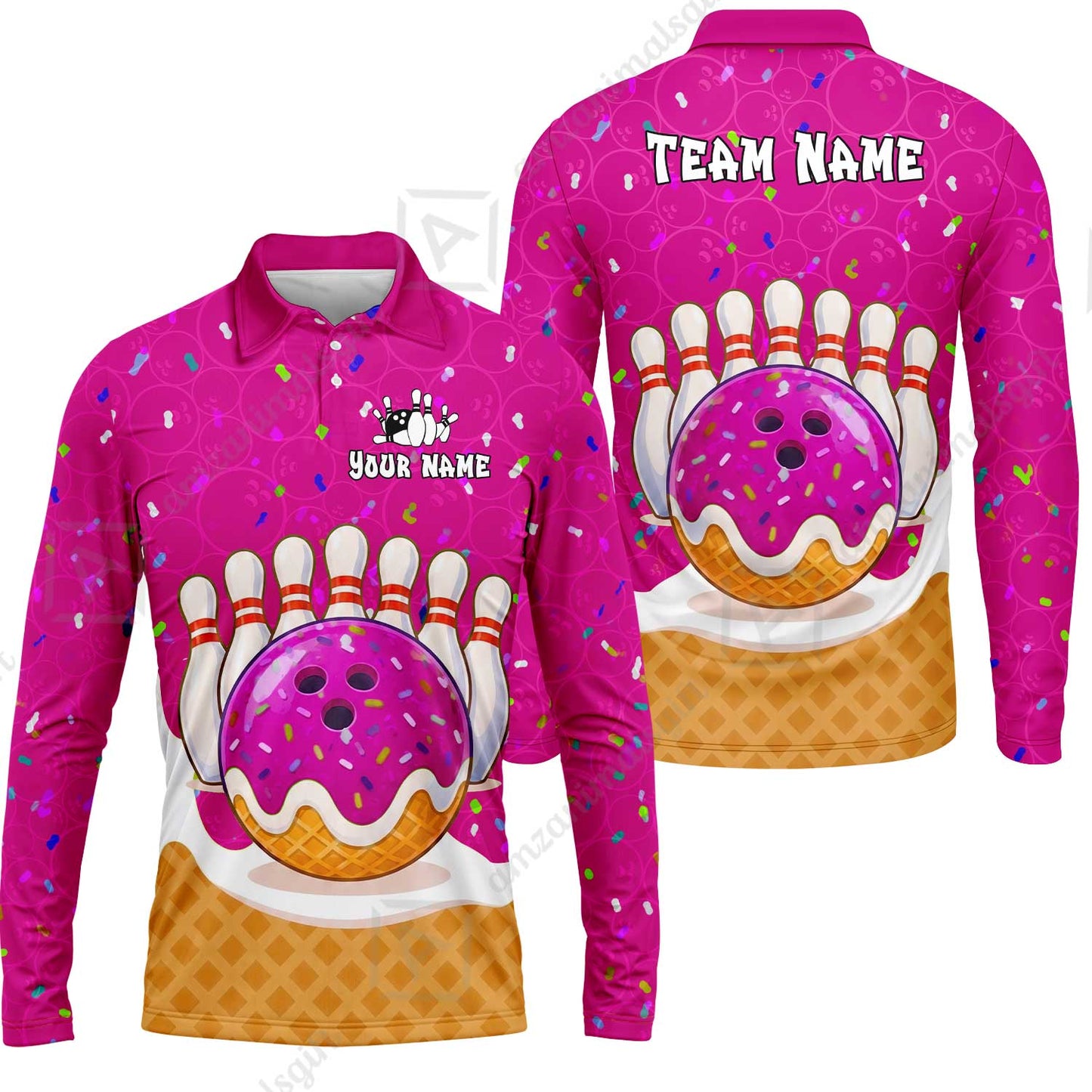 Custom Bowling Jersey Polo Shirt, Bowling Sprinkles Ice Cream Cone, Personalized Name & Team Name