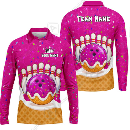 Custom Bowling Jersey Polo Shirt, Bowling Sprinkles Ice Cream Cone, Personalized Name & Team Name