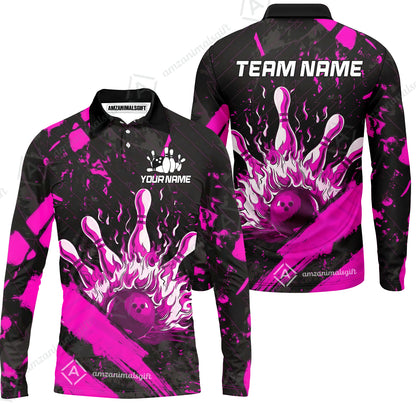 Customized Bowling Unisex Polo Shirt, Bowling And Pins Grunge Flame, Bowling Uniform - Personalized Name And Team Name