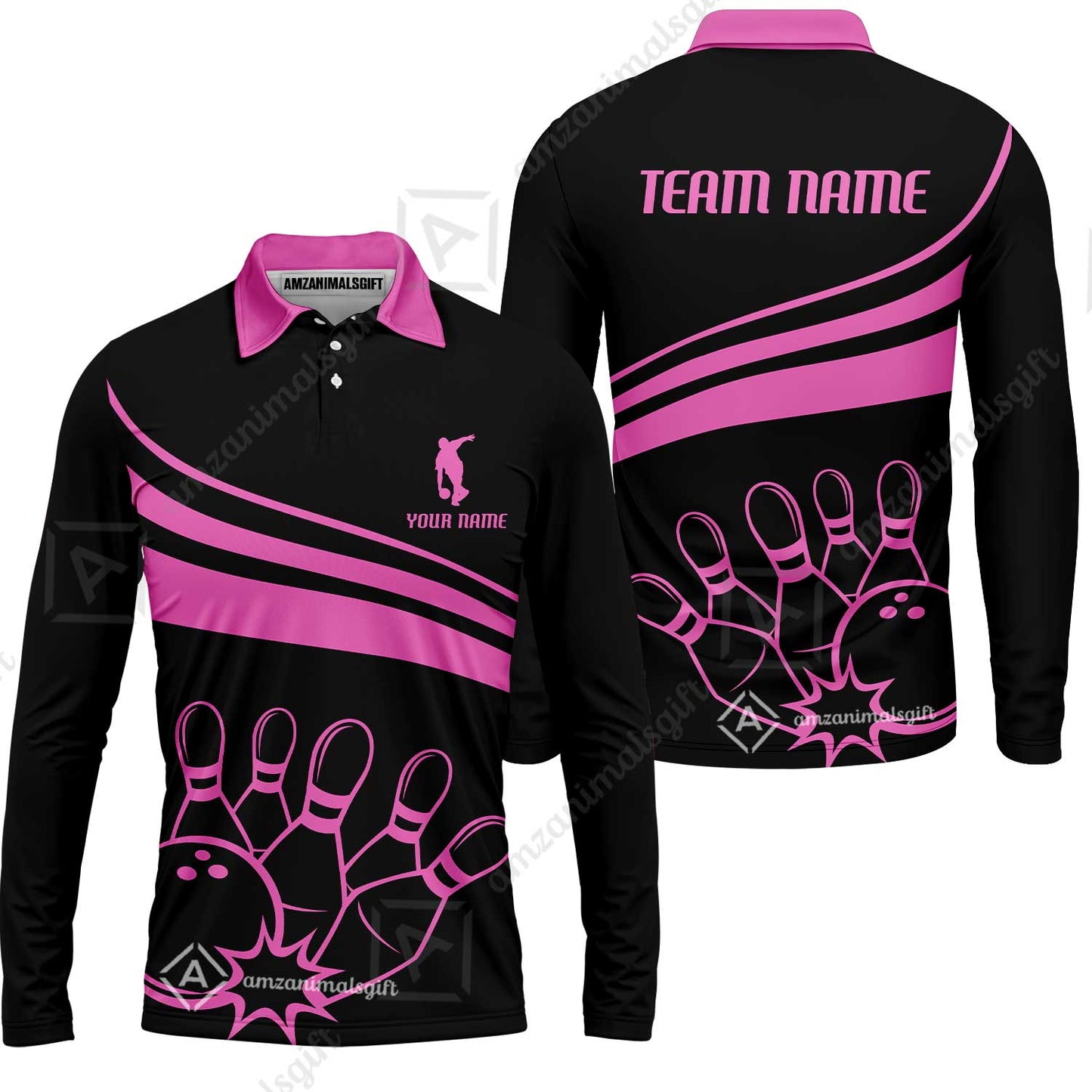 Bowling Customized Jersey Black Shirt Pink Curve Bowling Tenpin Quarter Zip Shirt, Outfit For Bowlers, Bowling Team