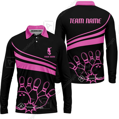 Bowling Customized Jersey Black Shirt Pink Curve Bowling Tenpin Quarter Zip Shirt, Outfit For Bowlers, Bowling Team