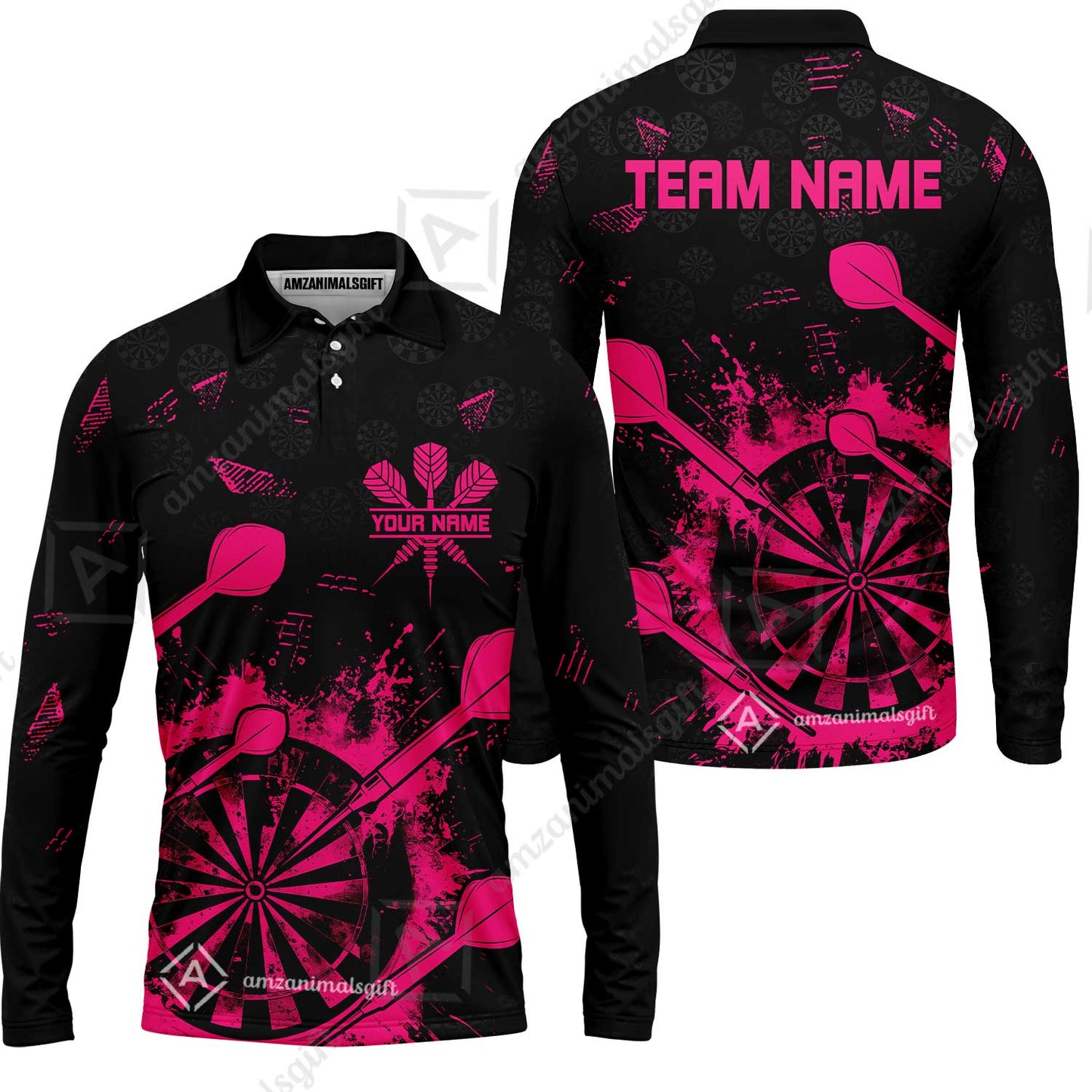 Customized Darts Long Sleeve Polo Shirt, Darts Grunge Dartboard Long Sleeve Polo Shirt Team Style Jersey for Darts Players