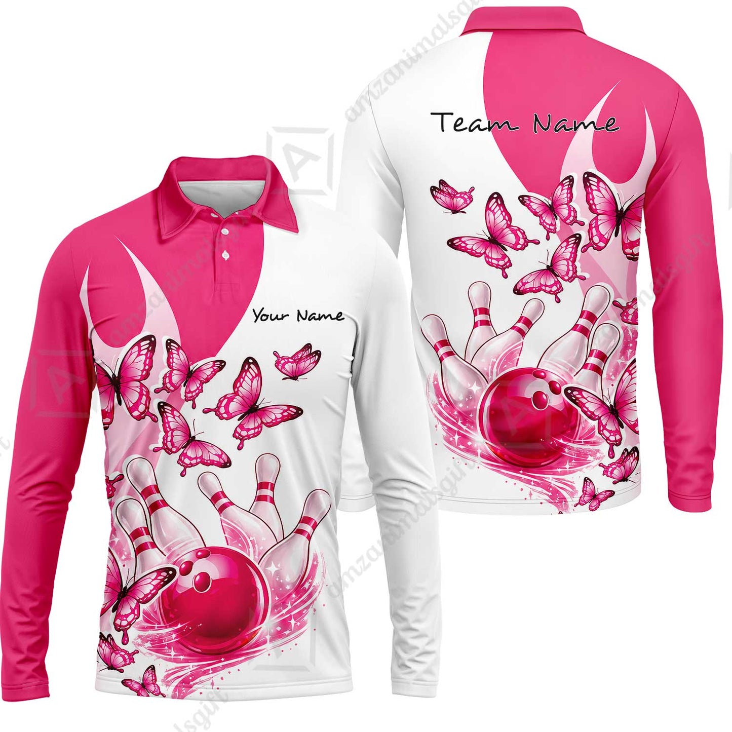 Custom Bowling Jersey Polo Shirt, Butterfly Strike, Personalized Name & Team Name