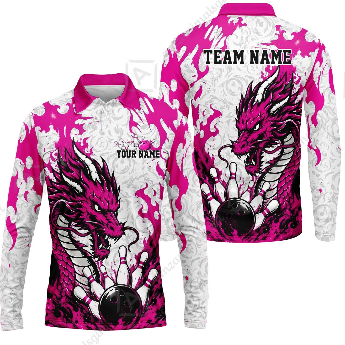 Custom Bowling Jersey Polo Shirt, Fierce Crimson Fire Dragon Strike, Custom Bowling Jersey Team Shirt For Players With Name and Team Name