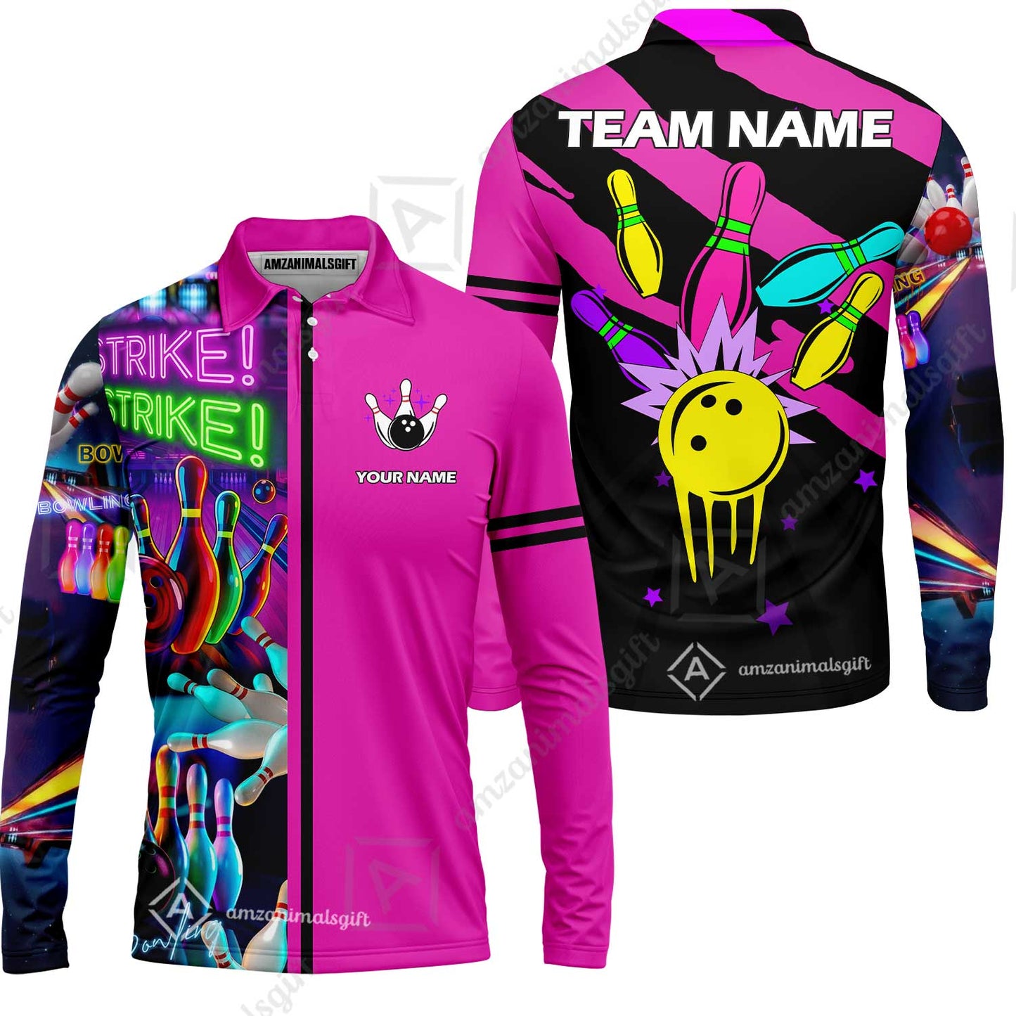 Custom Bowling Team Jersey Neon Bowling Strike Polo Shirts, Bowling Team Uniforms, Personalized Name And Team Name