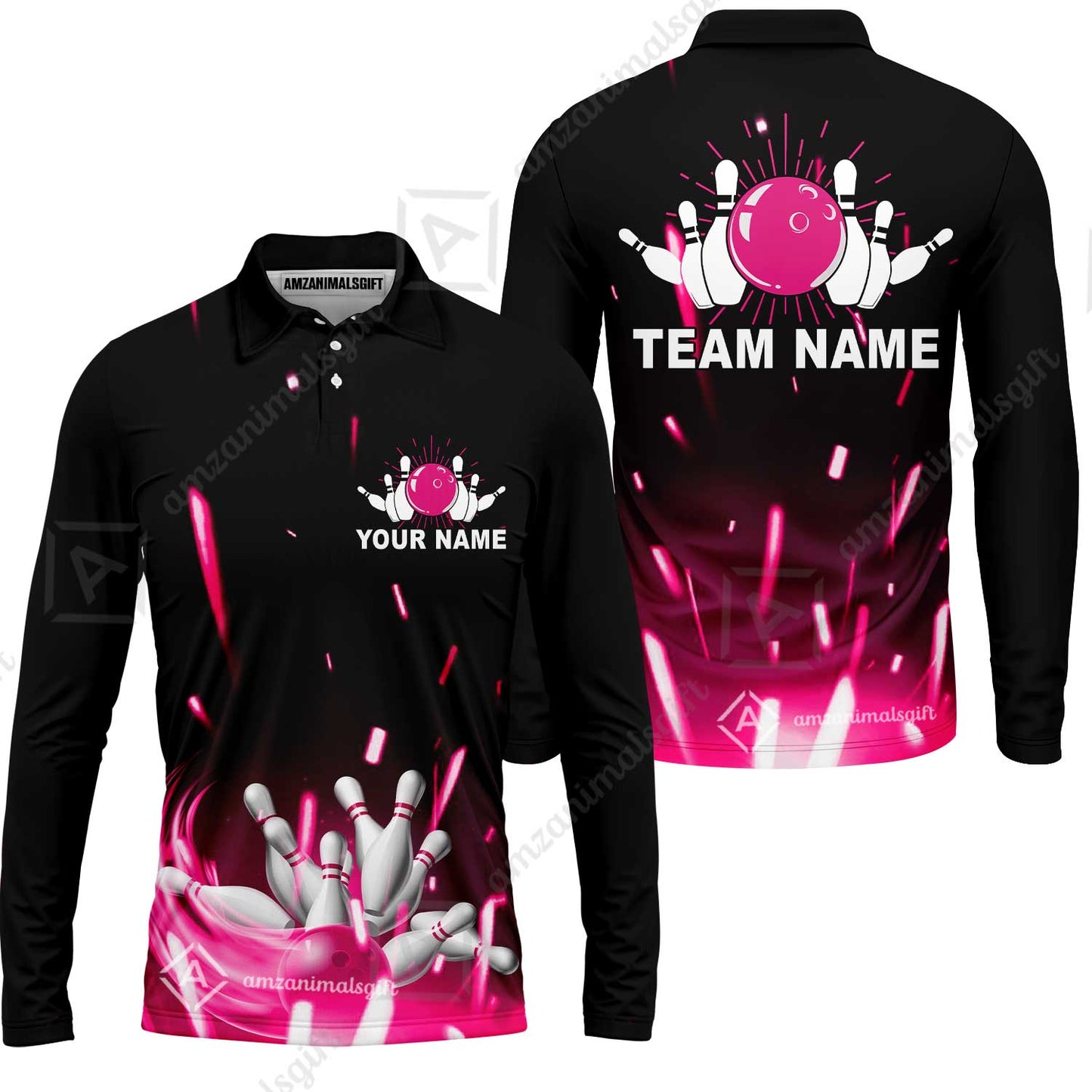 Custom Bowling Team Jerseys Polo Shirts, Bowling uniforms Flame Bowling Ball And Pins Short Sleeve Polo For Men Women Bowlers