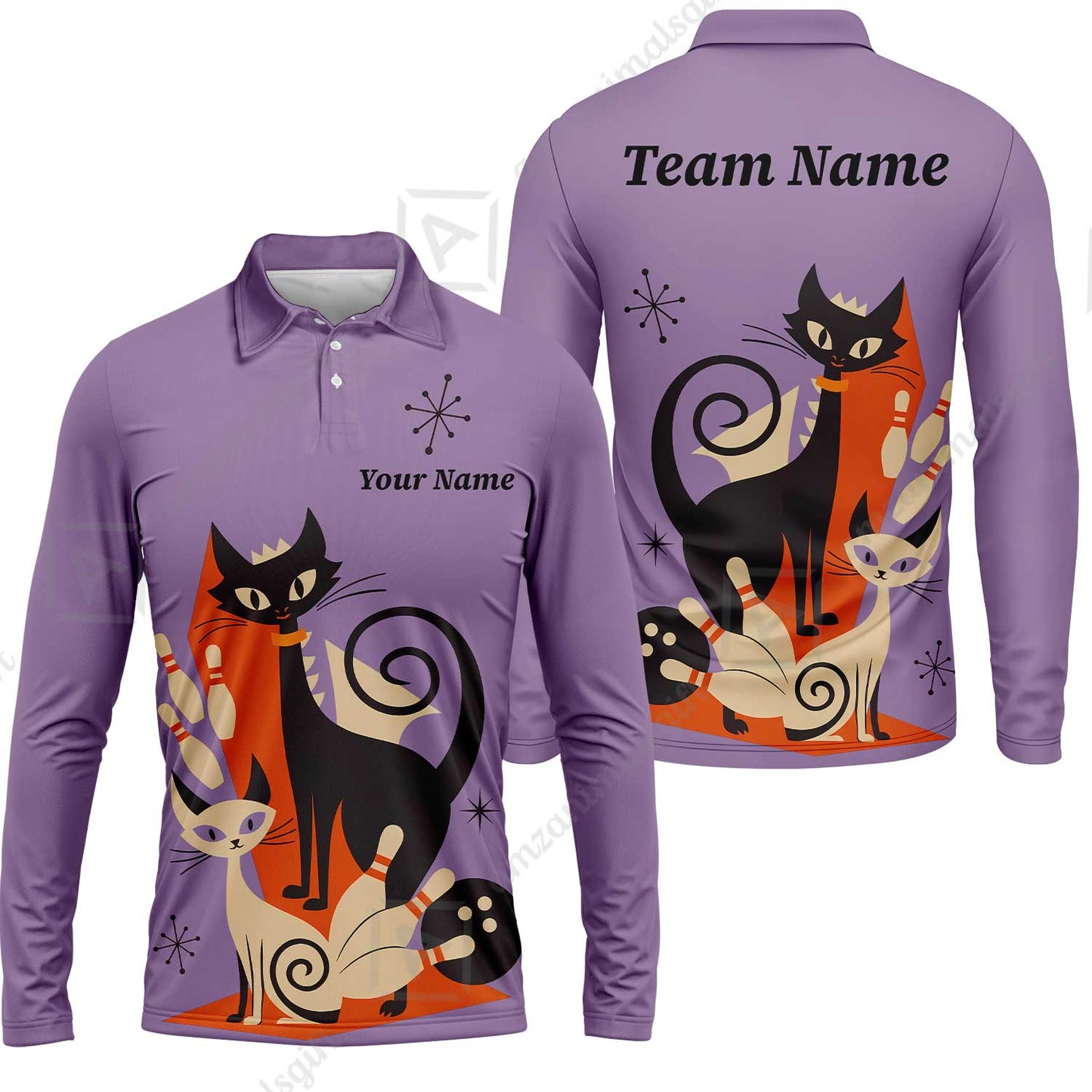 Custom Bowling Jersey Polo Shirt, Retro Cats, Custom Bowling Jersey Team Shirt For Players With Name & Team Name