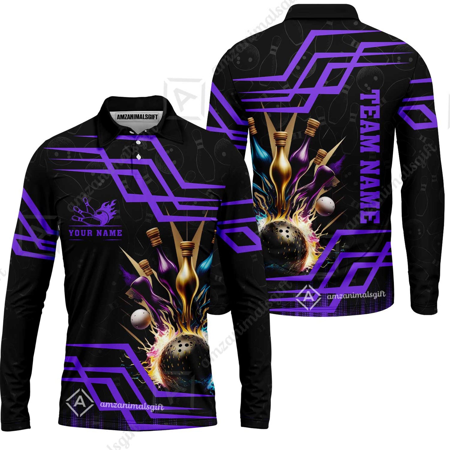 Customized Bowling Unisex Polo, Bowling And Pins Royal Multicolor Option Customized Name And Team Name For Bowling Team