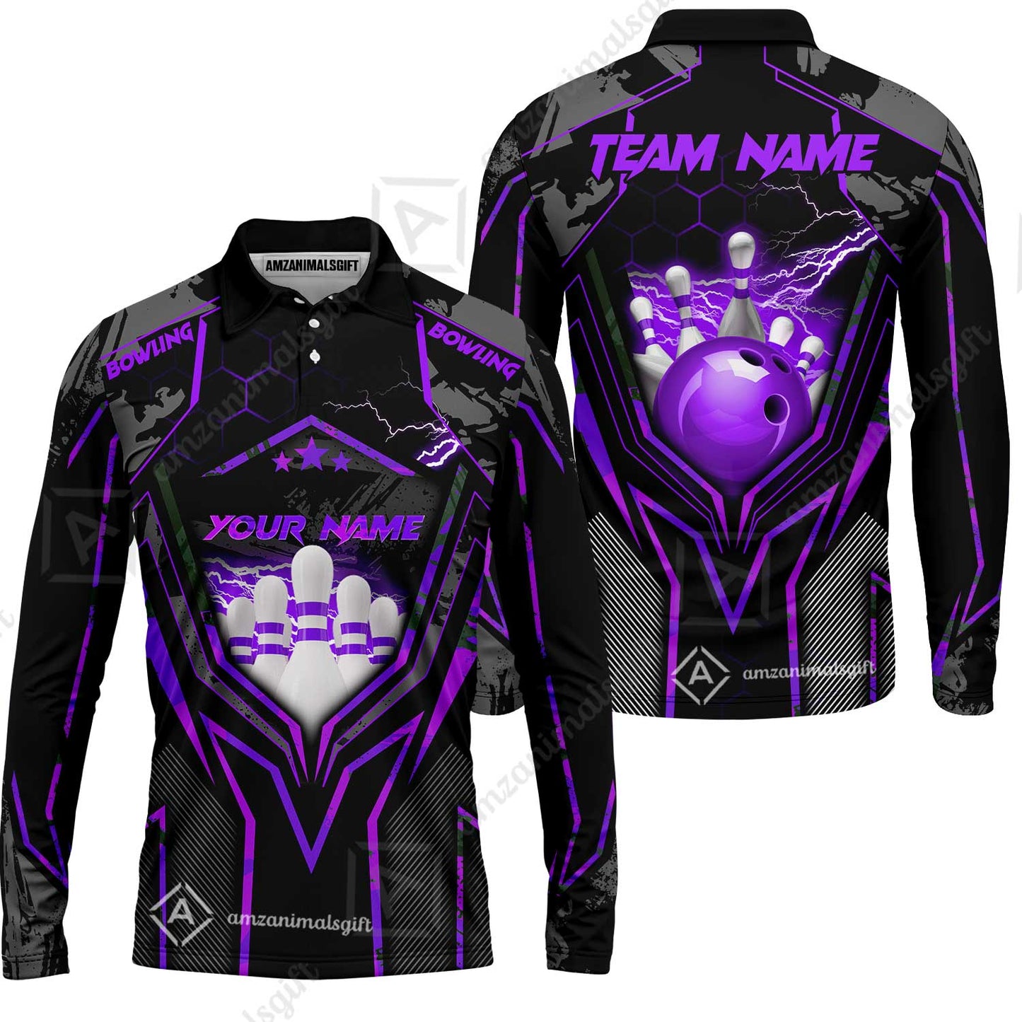 Customized Bowling Jersey, Bowling And Pins Abstract Grunge Texture X Multicolor Option Customized Name And Team Name Zipper Polo Jerseys Shirts