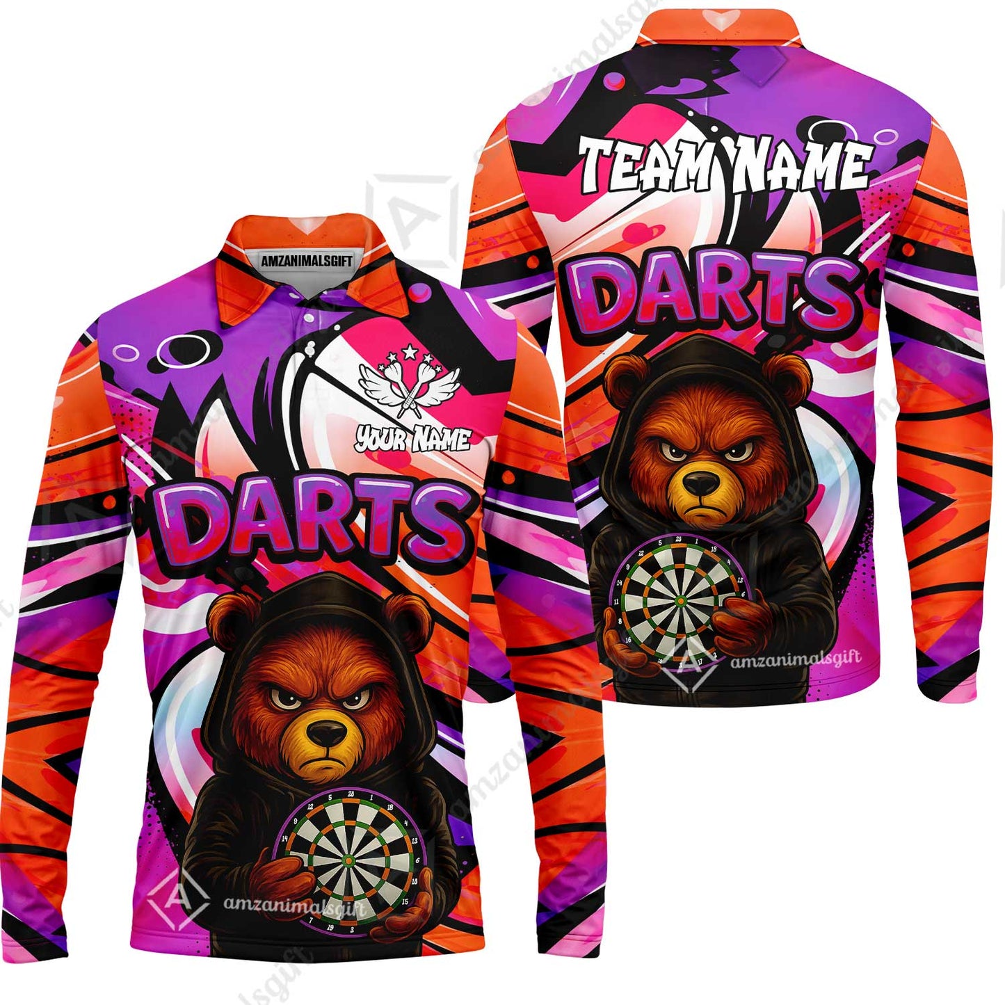 Customized Darts Team Uniform Shirt, Custom Darts Team Collar Quarter-Zip, Personalized Bear Darts Shirt with Name & Team Name