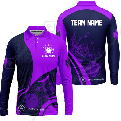 Customized Bowling Long Sleeve Polo Shirt, Flame Bowling Multicolor Custom Team Style Uniform Long Sleeve Polo Shirt, Outfit Jersey for Bowlers
