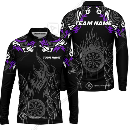 Customized Darts Long Sleeve Polo Shirt, Dartboard Fire Flame Darts Team Style Long Sleeve Polo Shirt for Players, Jersey for Darts Players