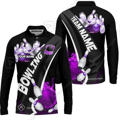 Customized Bowling Polo, Bowling And Pins Plame Premium Multicolor Option Personalized Name And Team Zipper Polo Jerseys Shirts