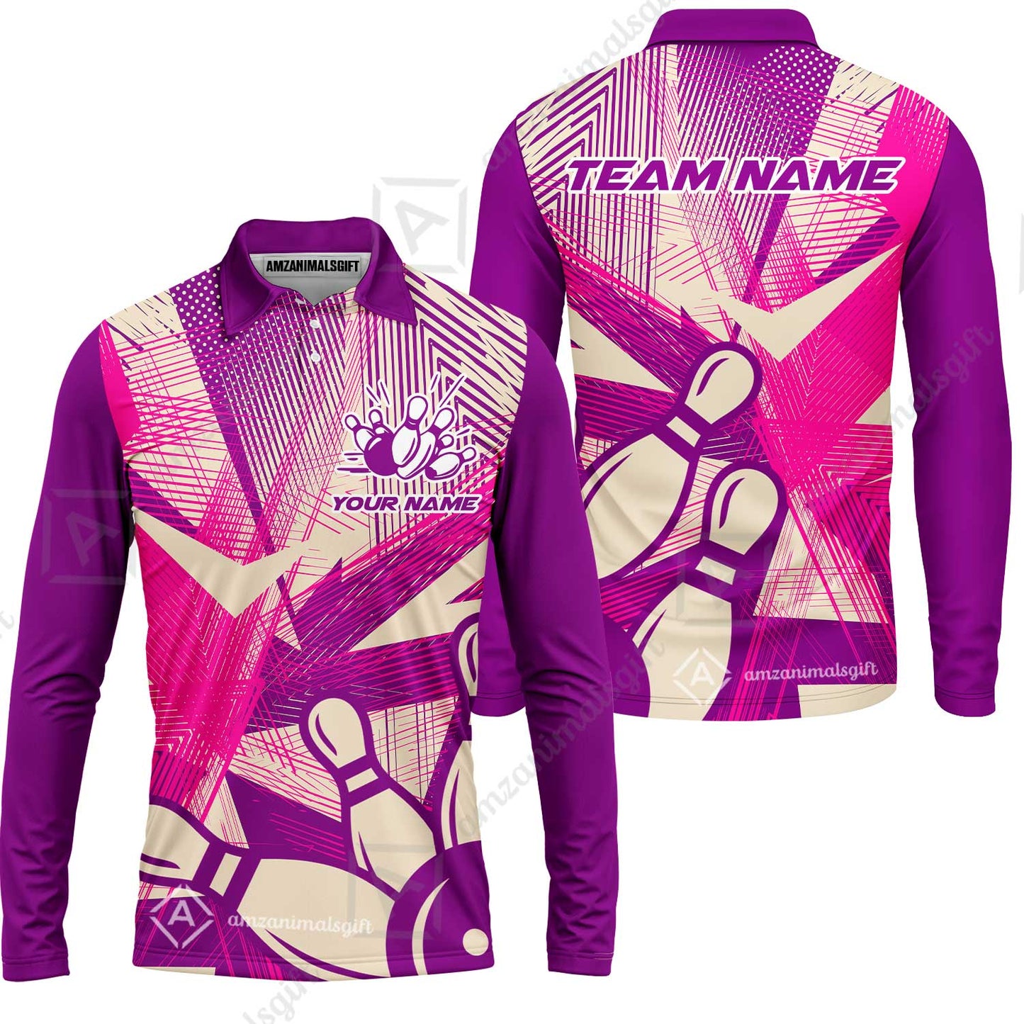 Customized Bowling Long Sleeve Polo Shirt, Bowling Ball And Pins Esports Pattern Long Sleeve Polo Shirt Uniform For Bowlers