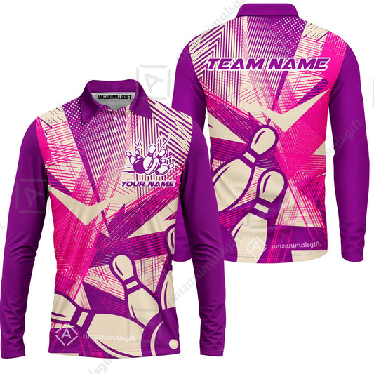 Customized Bowling Long Sleeve Polo Shirt, Bowling Ball And Pins Esports Pattern Long Sleeve Polo Shirt Uniform For Bowlers