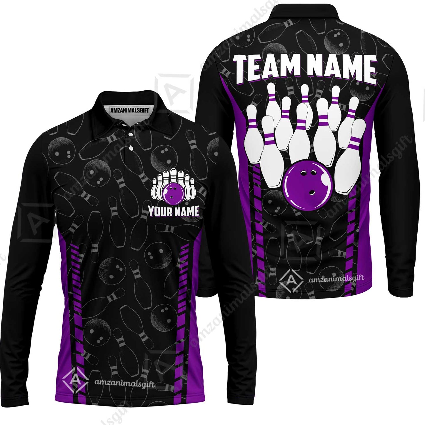 Custom Bowling Unisex Polo Shirts, Bowling Team Jersey Pattern, Bowling uniforms Ball & Pins Multicolor Options