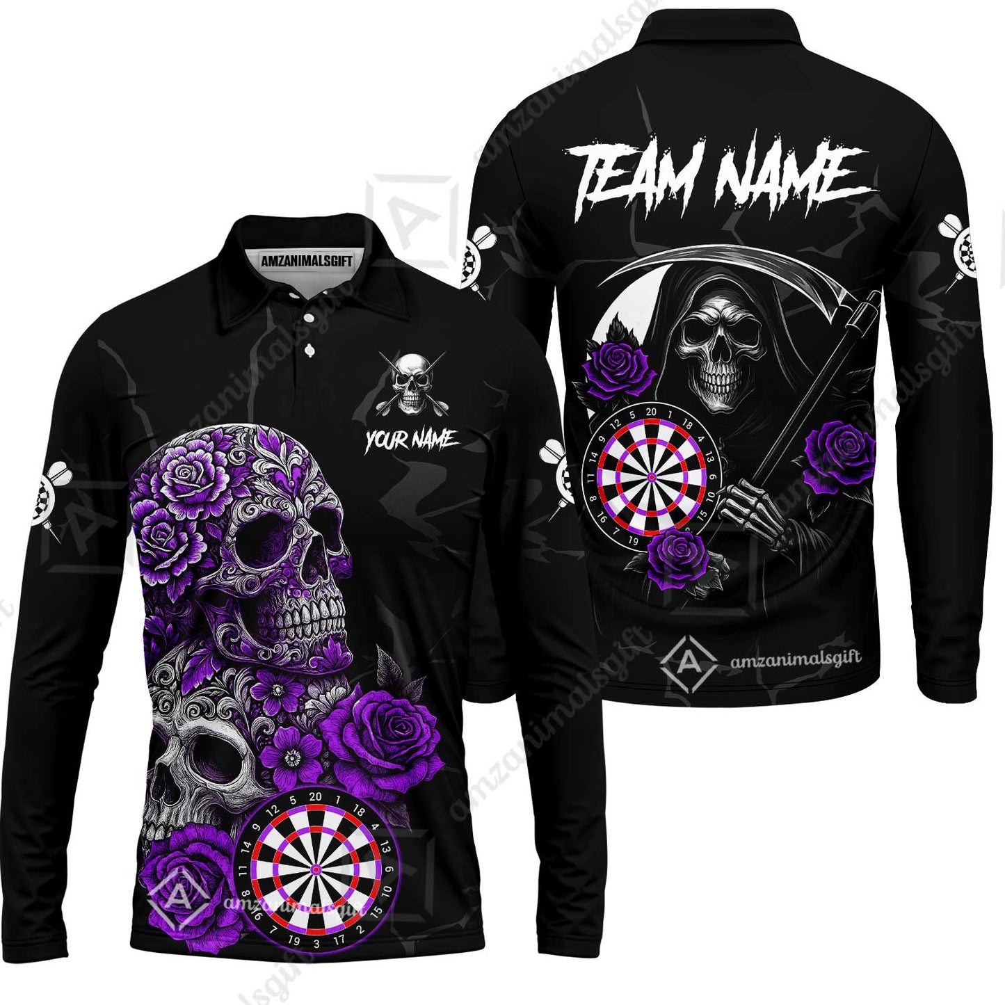 Customized Darts Long Sleeve Polo Shirt, Darts Turquoise Skull Roses Dartboard Zip Polo Style Jersey for Darts Players