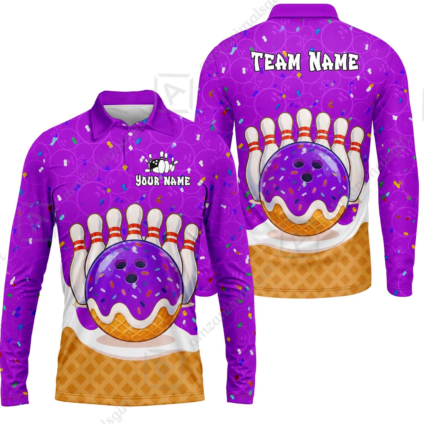 Custom Bowling Jersey Polo Shirt, Bowling Sprinkles Ice Cream Cone, Personalized Name & Team Name