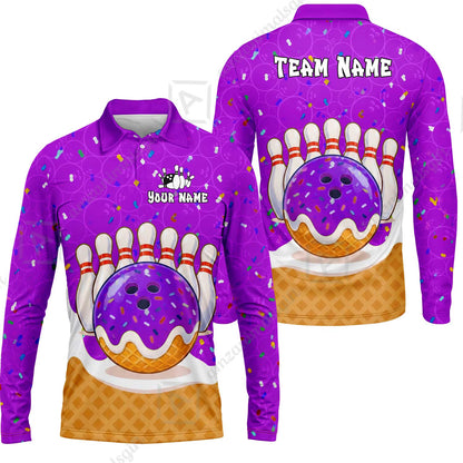 Custom Bowling Jersey Polo Shirt, Bowling Sprinkles Ice Cream Cone, Personalized Name & Team Name