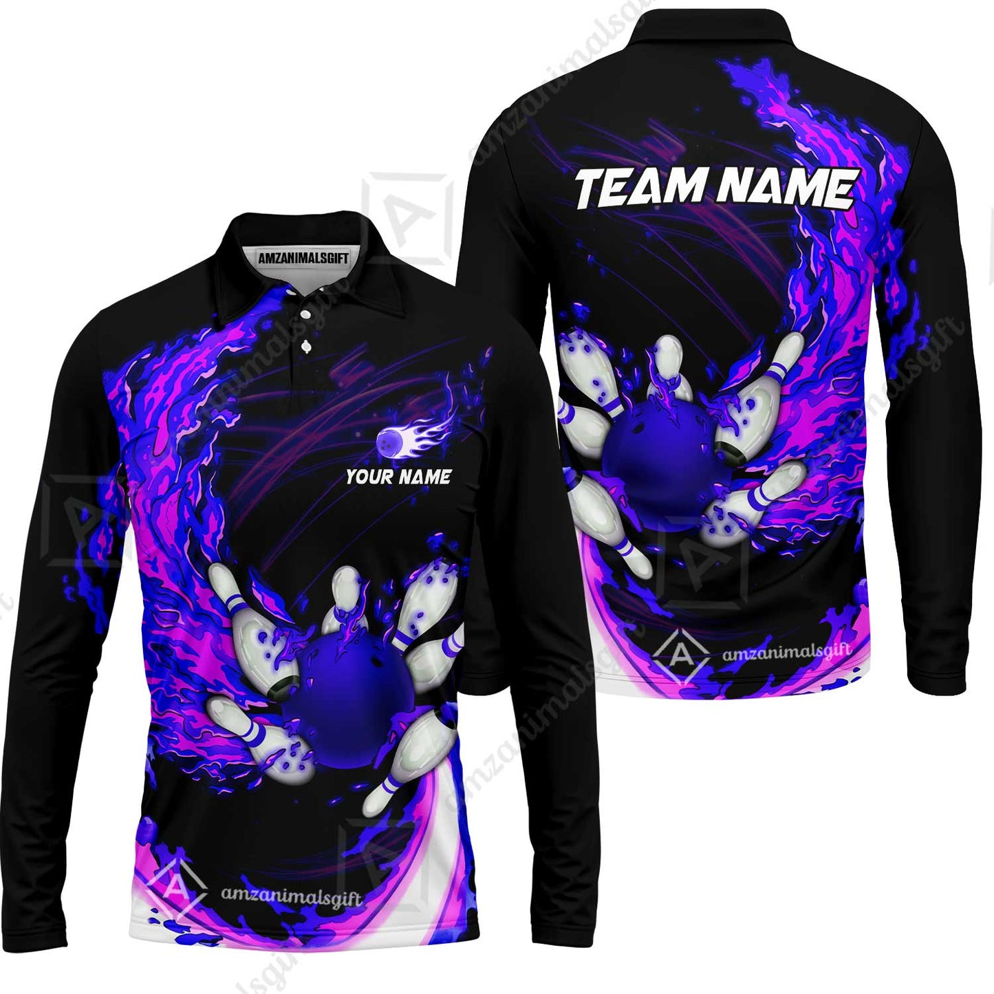 Customized Bowling Polo Team Jerseys, Breath Of Fire Bowling And Pins Multicolor Option Customized Name And Team Name For Bowling Team