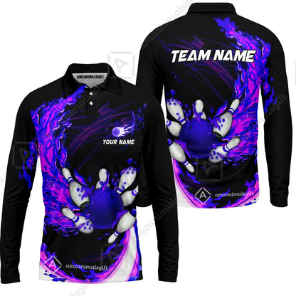 Customized Bowling Polo Team Jerseys, Breath Of Fire Bowling And Pins Multicolor Option Customized Name And Team Name For Bowling Team