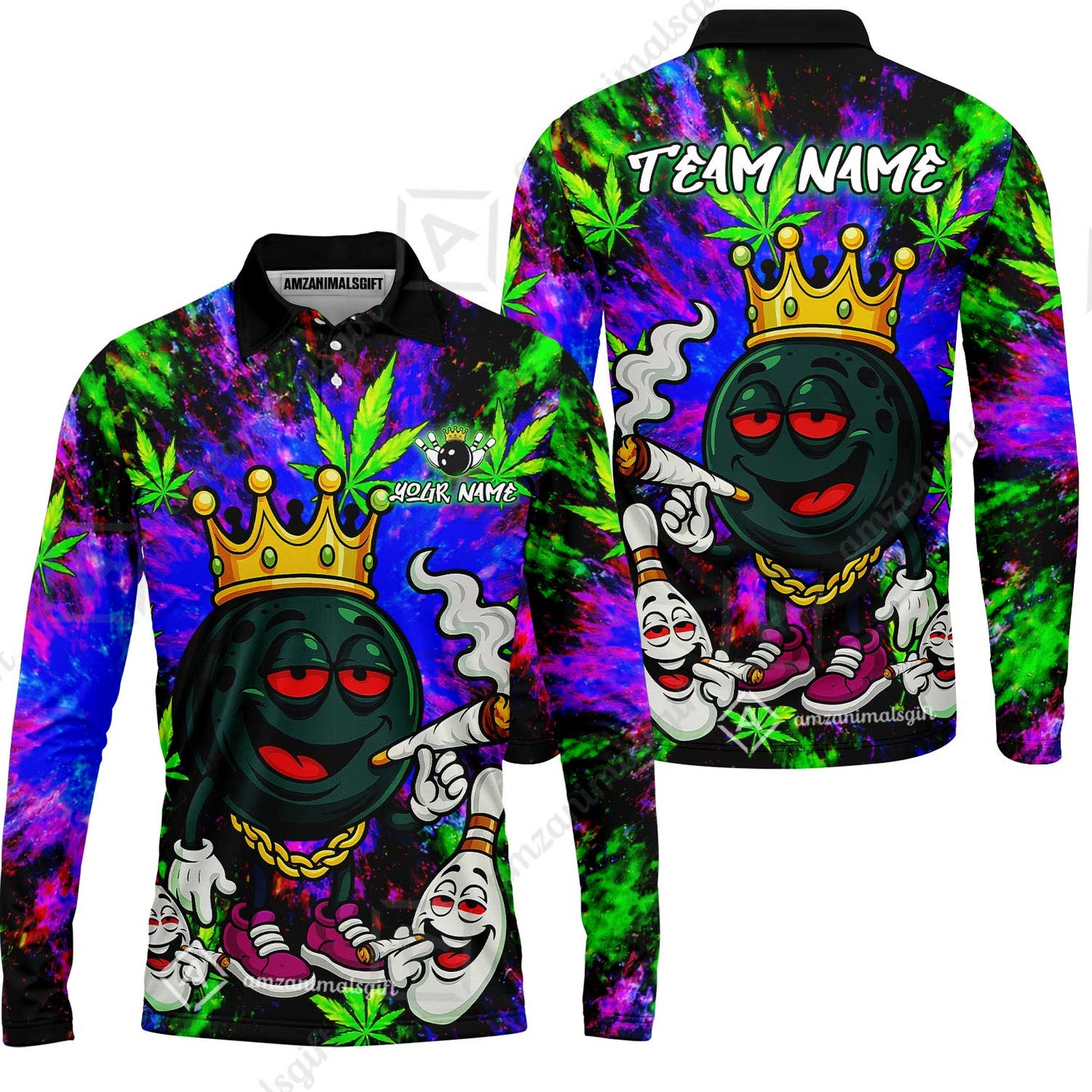 Custom Bowling Team Flat Neck Zip Jersey Shirt, King Smoke Tie-Dye Personalized Team Shirt, Custom Name and Team Name for Bowlers