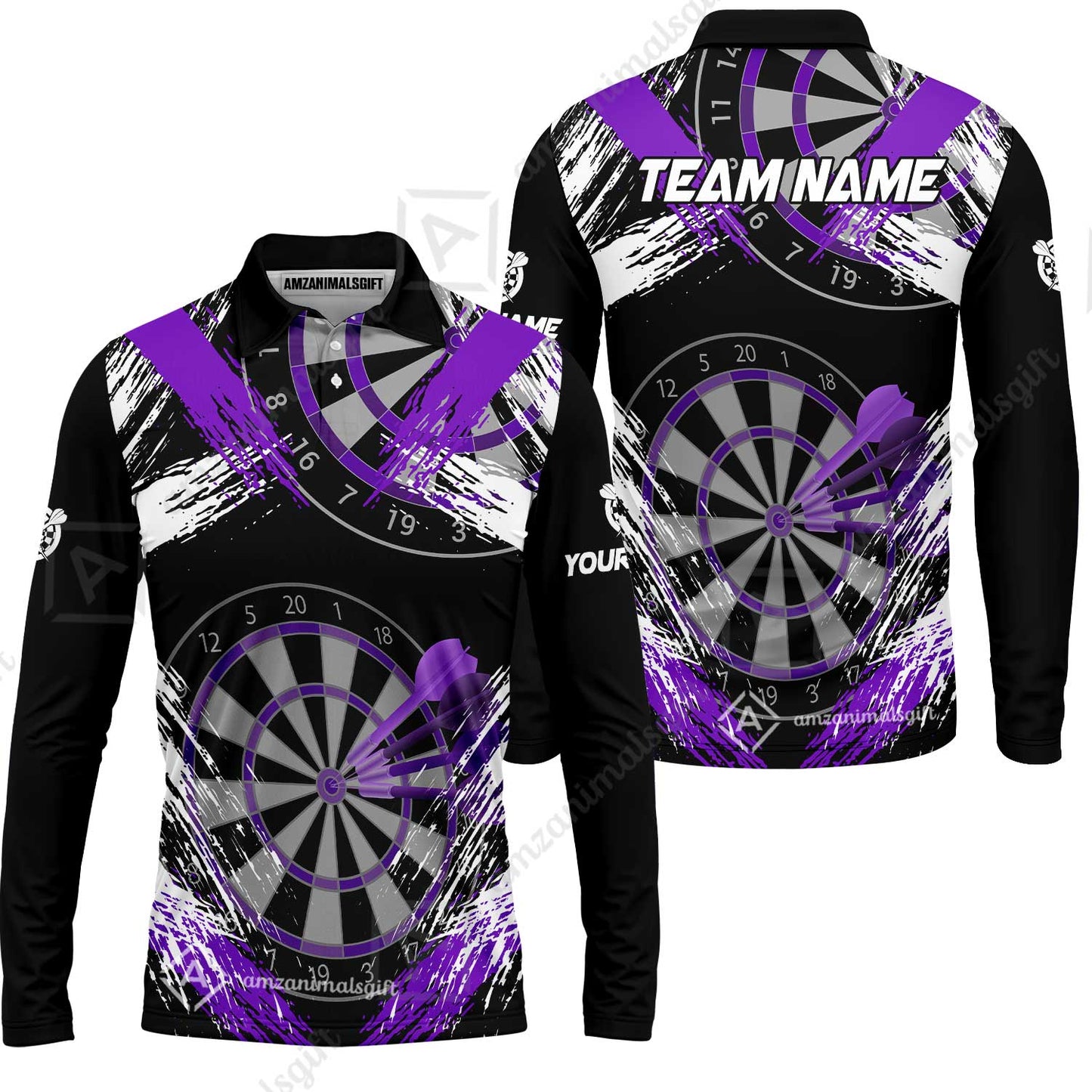 Customized Darts Long Sleeve Polo Shirt, Darts Tournament Grunge Style Multicolor Custom Dart Long Sleeve Polo Shirt Team Jersey For Darts Player