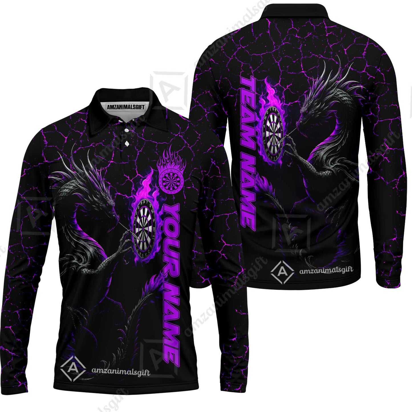 Customized Darts Long Sleeve Polo Shirt, Big Dragon Dartboard Flame Darts Team Style Long Sleeve Polo Shirt for Players, Jersey for Darts Players