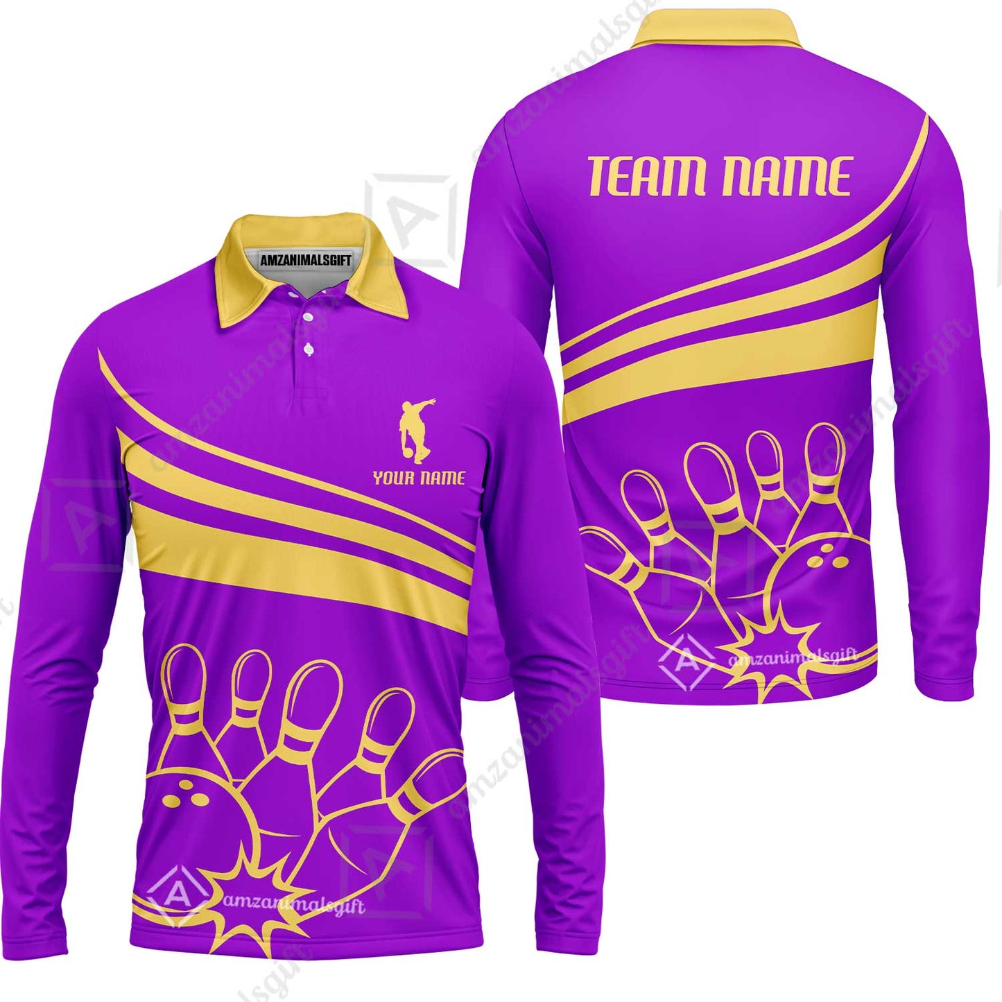 Bowling Customized Jersey Purple Shirt Gold Curve Bowling Tenpin Quarter Zip Shirt, Outfit For Bowlers, Bowling Team