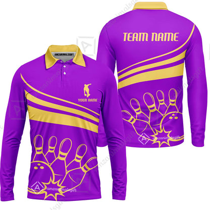 Bowling Customized Jersey Purple Shirt Gold Curve Bowling Tenpin Quarter Zip Shirt, Outfit For Bowlers, Bowling Team