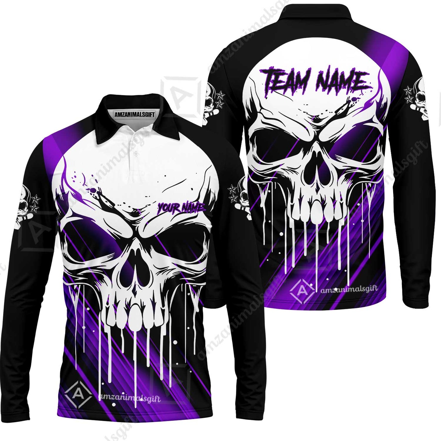 Customized Bowling Polo, Blue Skull Bowling Creepy Style Bowling jerseys Custom Name And Team Shirt