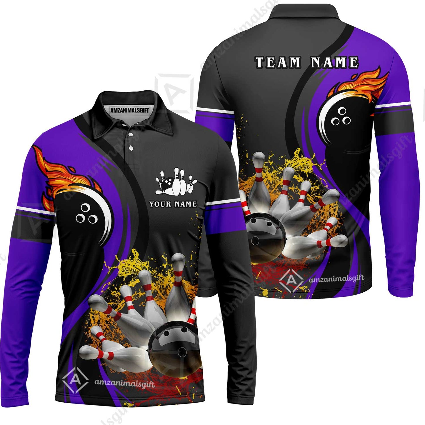Customized Bowling Unisex Polo Shirt, Bowling And Pins Water Flow Multicolor Option Customized Name And Team Name For Bowling Team Polo Jerseys Shirts