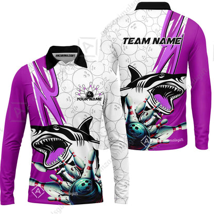 Custom Shark Bowling Team Jersey,  Shark Bowling Jersey Multicolor Polo Quarter-Zip Shirts, Bowling Uniforms Jerseys, Custom Name And Team Name