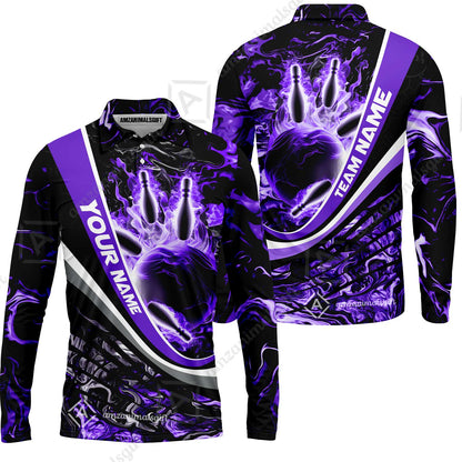 Customized Bowling Polo, Flaming Magma Bowling And Pins Multicolor Option Customized Name Team Name For Bowling Team Shirts