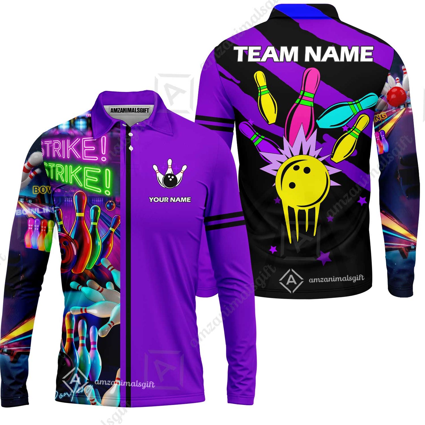 Custom Bowling Team Jersey Neon Bowling Strike Polo Shirts, Bowling Team Uniforms, Personalized Name And Team Name