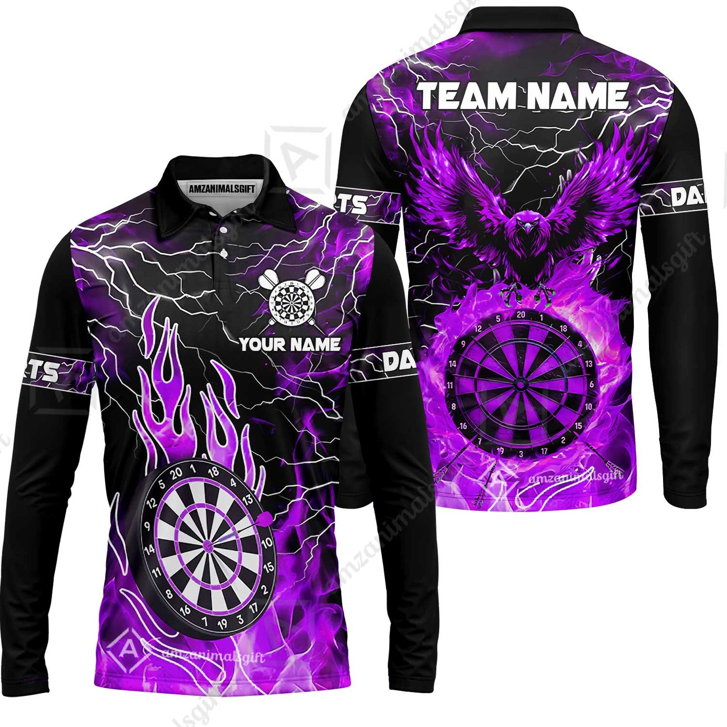 Custom Darts Team Jersey, Dartboard Fire Flame Custom Eagle Darts Jersey Polo Quarter-Zip Shirts, Custom Name And Team Name Darts Uniforms Jersey