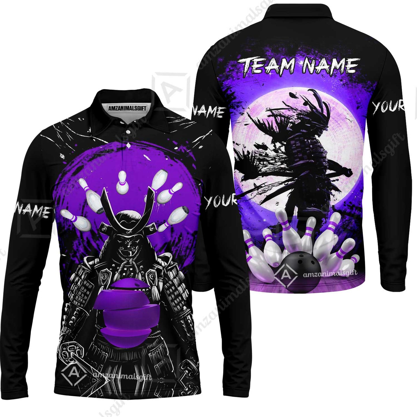 Custom Bowling Team Jerseys Polo Shirts, Bowling uniforms Ball And Pins Samurai Multicolor Options Personalized Name And Team Name