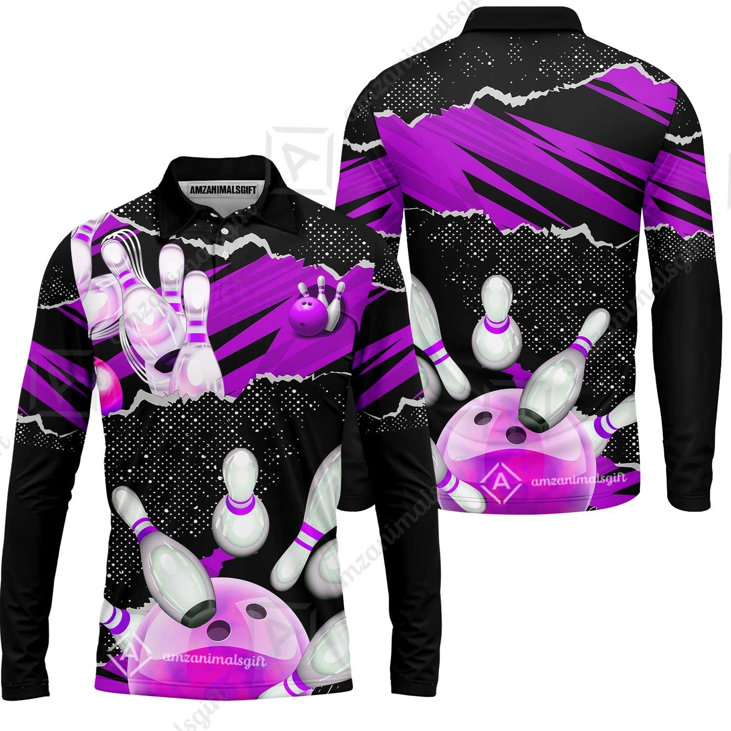 Personalized Bowling Team Long Sleeve Polo Shirt, Bowling Uniforms Ball & Pins Sport Pattern Custom Name And Team Name