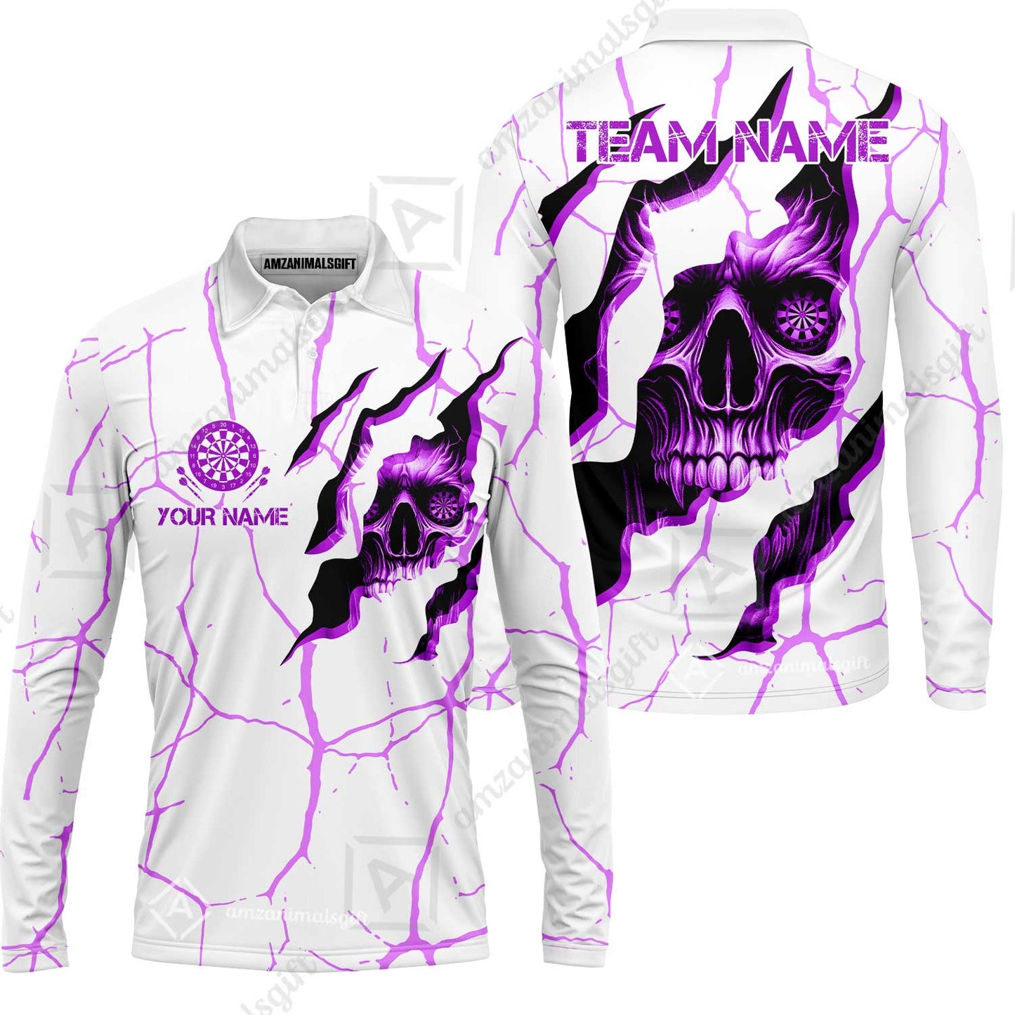 Customized Darts Long Sleeve Polo Shirt, Torn-Up Skull Dartboard Eyes Darts Team Style Long Sleeve Polo Shirt for Players, Jersey for Darts Players