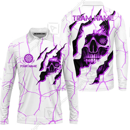 Customized Darts Long Sleeve Polo Shirt, Torn-Up Skull Dartboard Eyes Darts Team Style Long Sleeve Polo Shirt for Players, Jersey for Darts Players