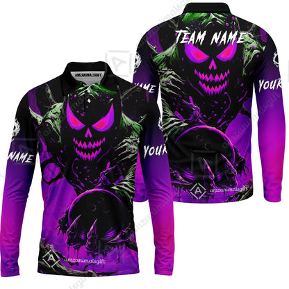 Custom Bowling Team Flat Neck Zip Jersey Shirt, Devil’s Strike Devil’s Strike Power Bowling Edition, Personalized Team Shirt with Custom Name