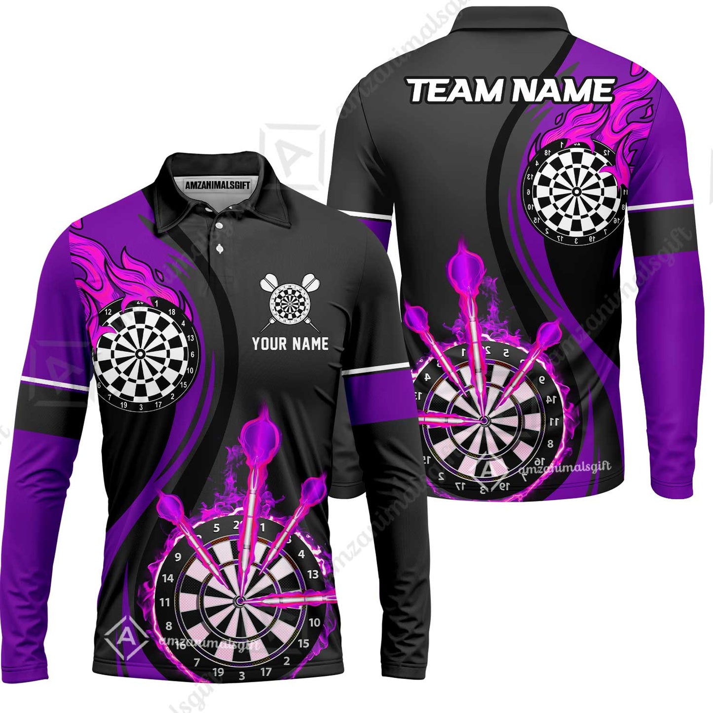 Custom Tailored Fire Flames Darts Team Jersey Polo Quarter-Zip Shirts, Customized Name Team Name Darts Team Jerseys Uniform