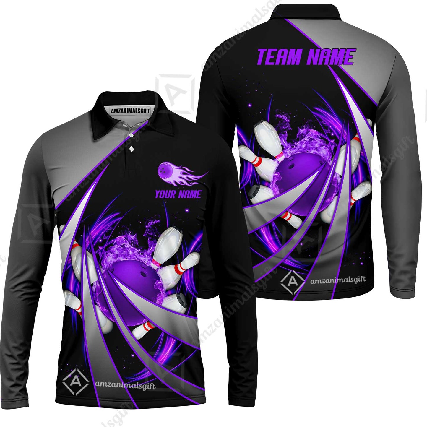 Customized Bowling Unisex Polo, Flame Bowling And Pins Tornado Pattern Multicolor Option Customized Name Zipper Polo Jerseys Shirts