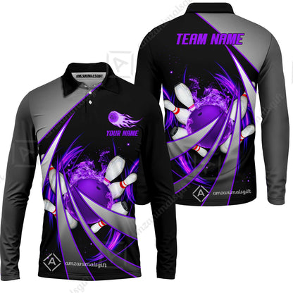 Customized Bowling Unisex Polo, Flame Bowling And Pins Tornado Pattern Multicolor Option Customized Name Zipper Polo Jerseys Shirts