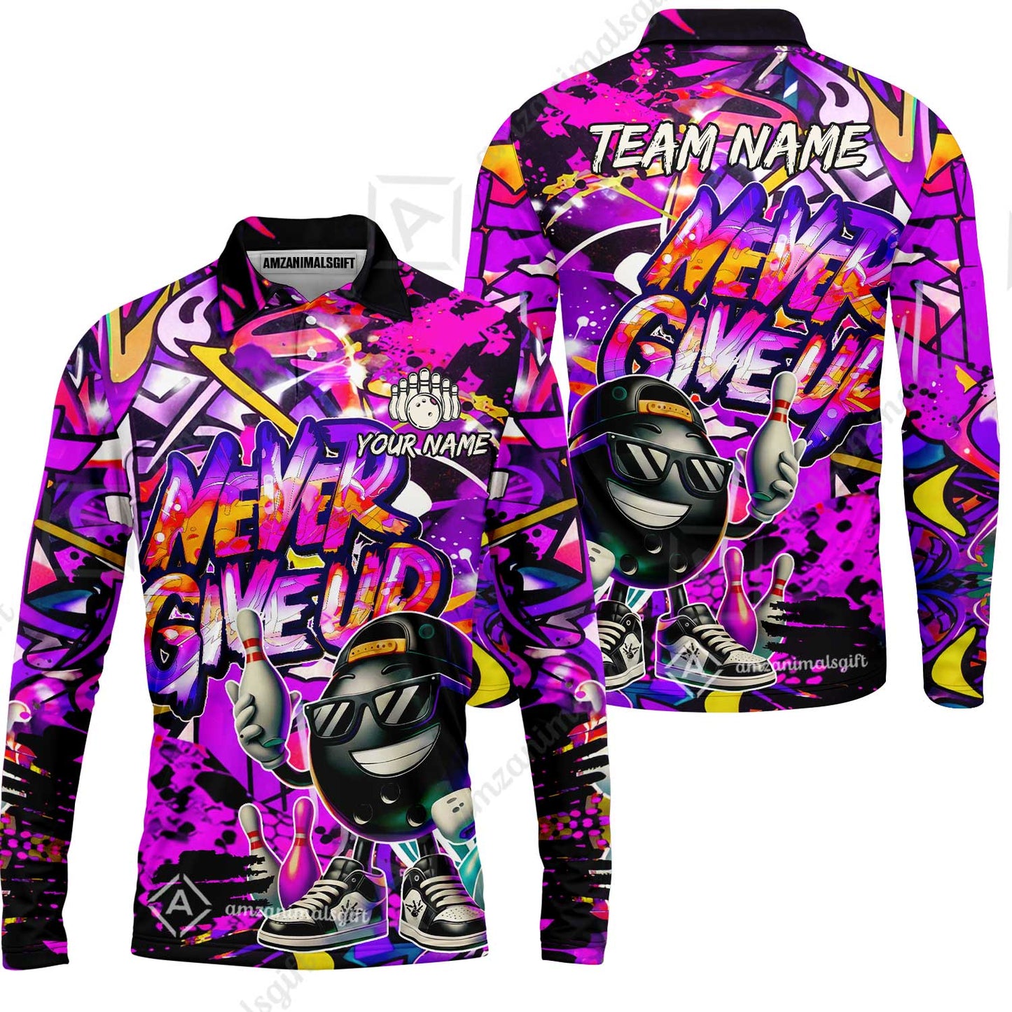 Customized Bowling Unisex Polo Shirt, Graffiti Bowling Funny Never Give Up Bowling Uniform, Personalized Name And Team Name