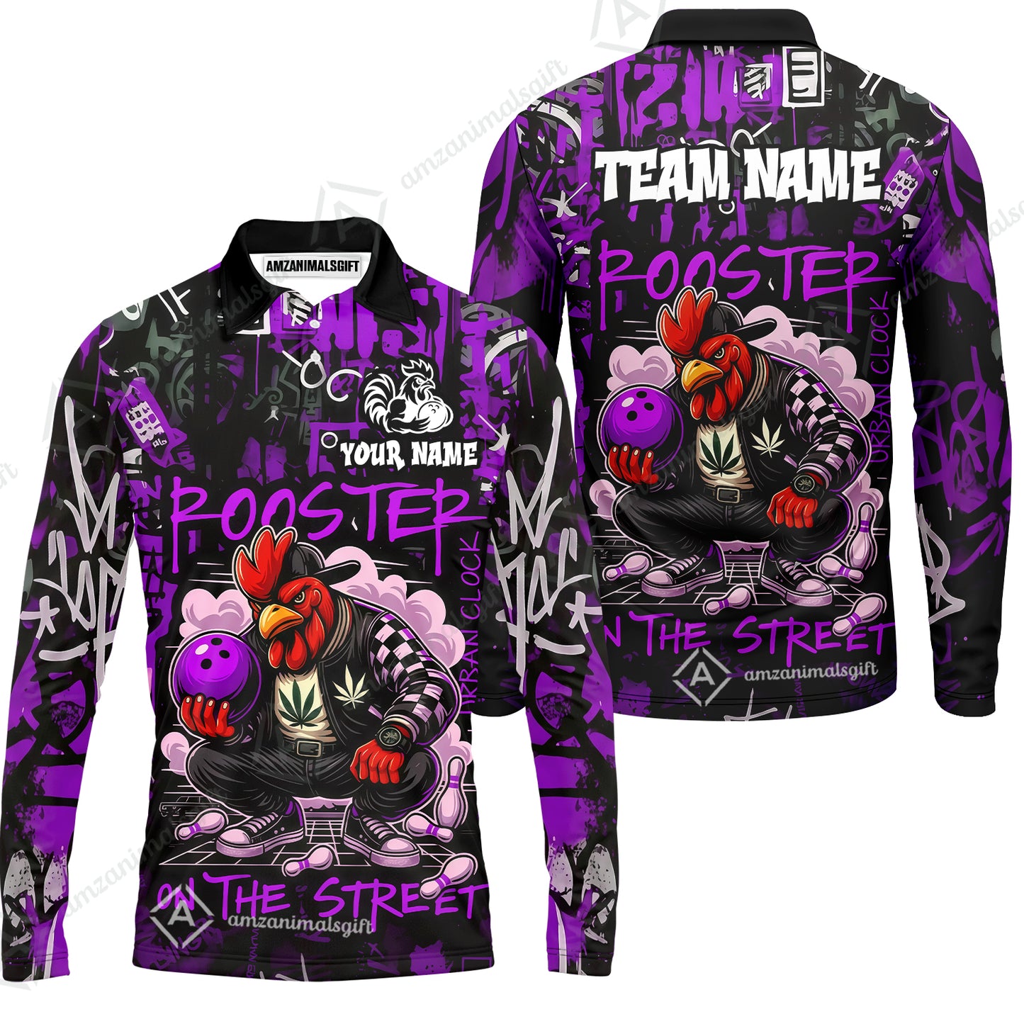 Customized Bowling Unisex Polo Shirt, Urban Streetwear Chicken Bowling Rooster On The Street, Personalized Name Team Name