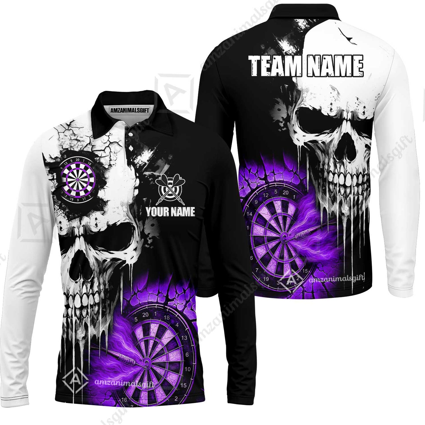 Custom Grunge Skull Crack Wall Darts Team Long Sleeve Polo Shirt, Customized Name Team Name Darts Polo Team Jerseys Uniform